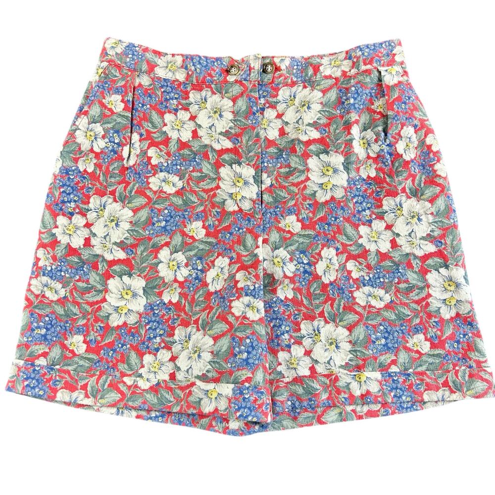 Jones New York Linen Cotton Shorts Petite Women Size 8P Red White Blue Floral